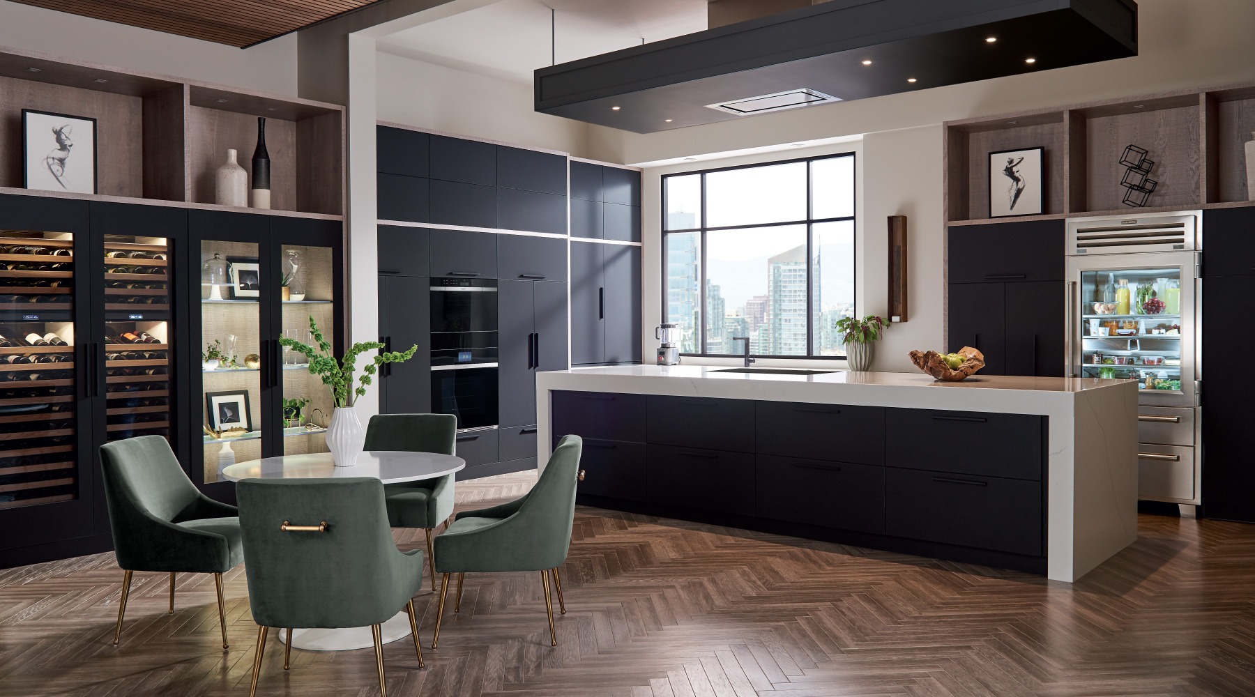 Modern city kitchen with black walls and a wood floor